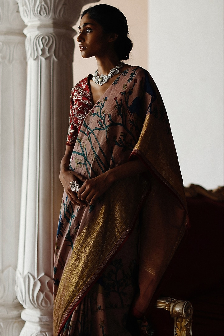 Rose Wood Pink Hand Painted Bridal Saree Set by Archana Jaju at Pernia's Pop Up Shop