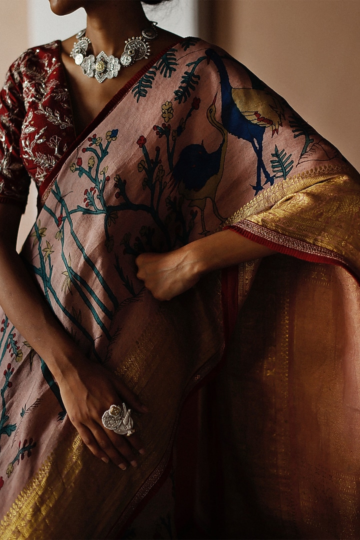 Rose Wood Pink Hand Painted Bridal Saree Set by Archana Jaju at Pernia's Pop Up Shop