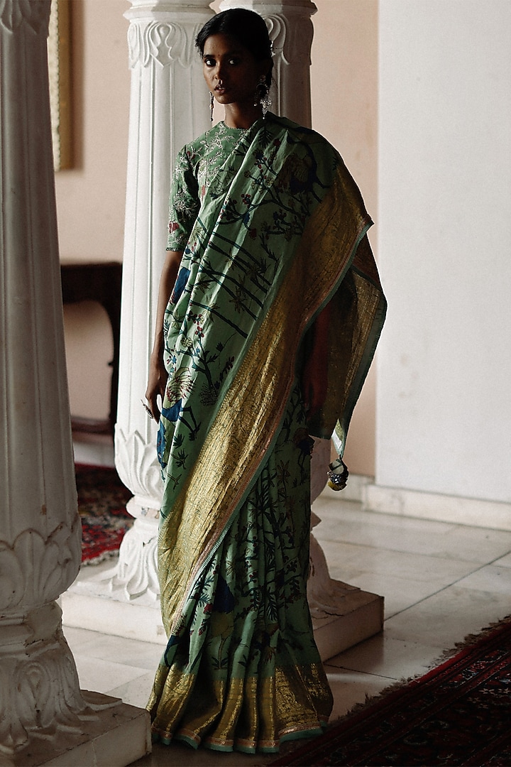 Sage Green Pure Zari Kanjivaram Silk Hand Embellished & Hand Painted Saree Set by Archana Jaju