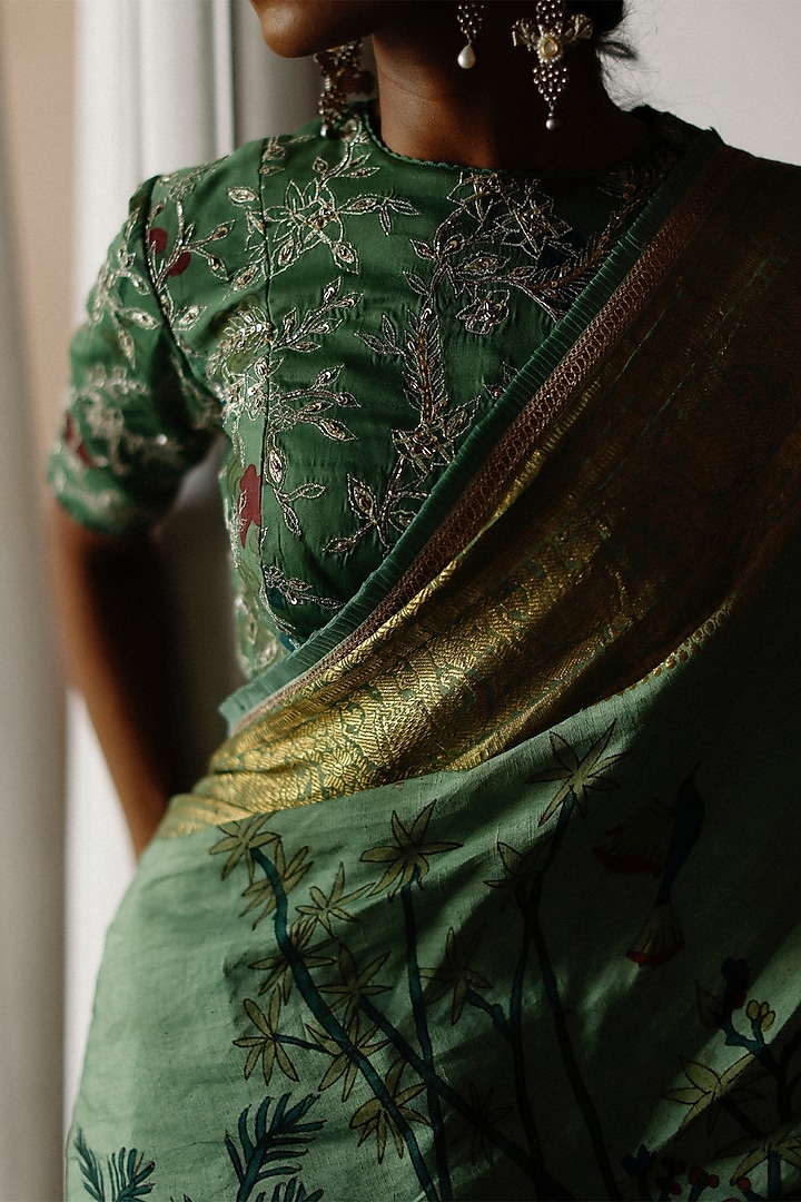 Sage Green Pure Zari Kanjivaram Silk Hand Embellished & Hand Painted Bridal Saree Set by Archana Jaju at Pernia's Pop Up Shop
