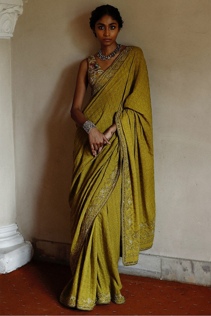 Olive Green Handwoven Khadi Lucknowi Chikankari Embroidered Saree Set by Archana Jaju