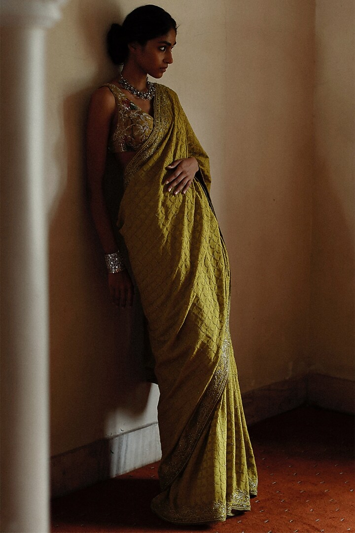 Olive Green Handwoven Khadi Lucknowi Chikankari Embroidered Reception Saree Set by Archana Jaju at Pernia's Pop Up Shop