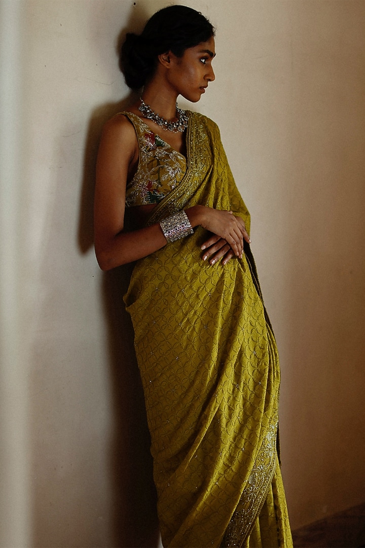 Olive Green Handwoven Khadi Lucknowi Chikankari Embroidered Reception Saree Set by Archana Jaju at Pernia's Pop Up Shop