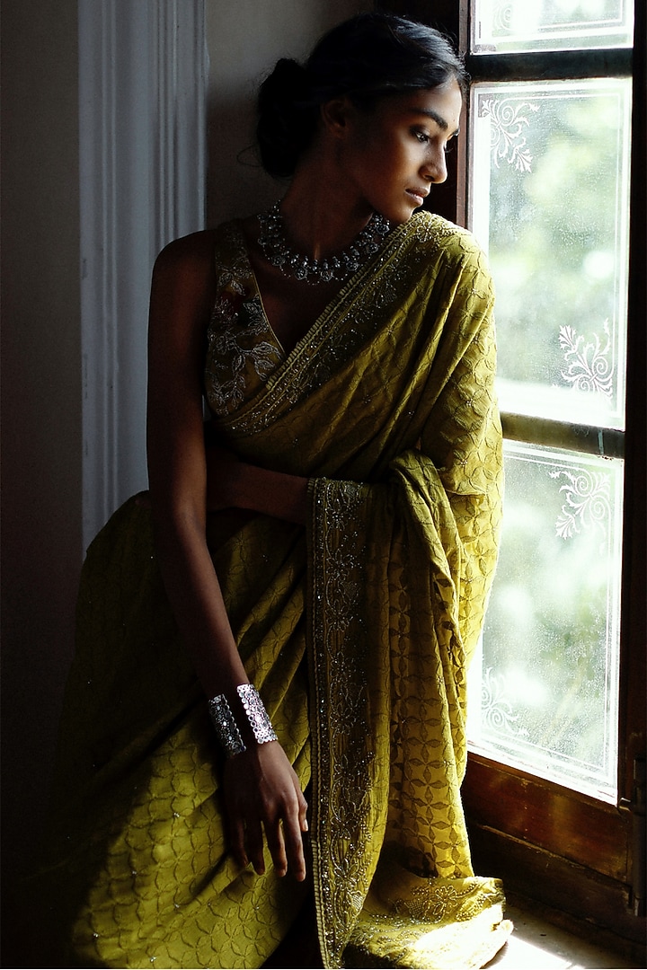 Olive Green Handwoven Khadi Lucknowi Chikankari Embroidered Reception Saree Set by Archana Jaju at Pernia's Pop Up Shop