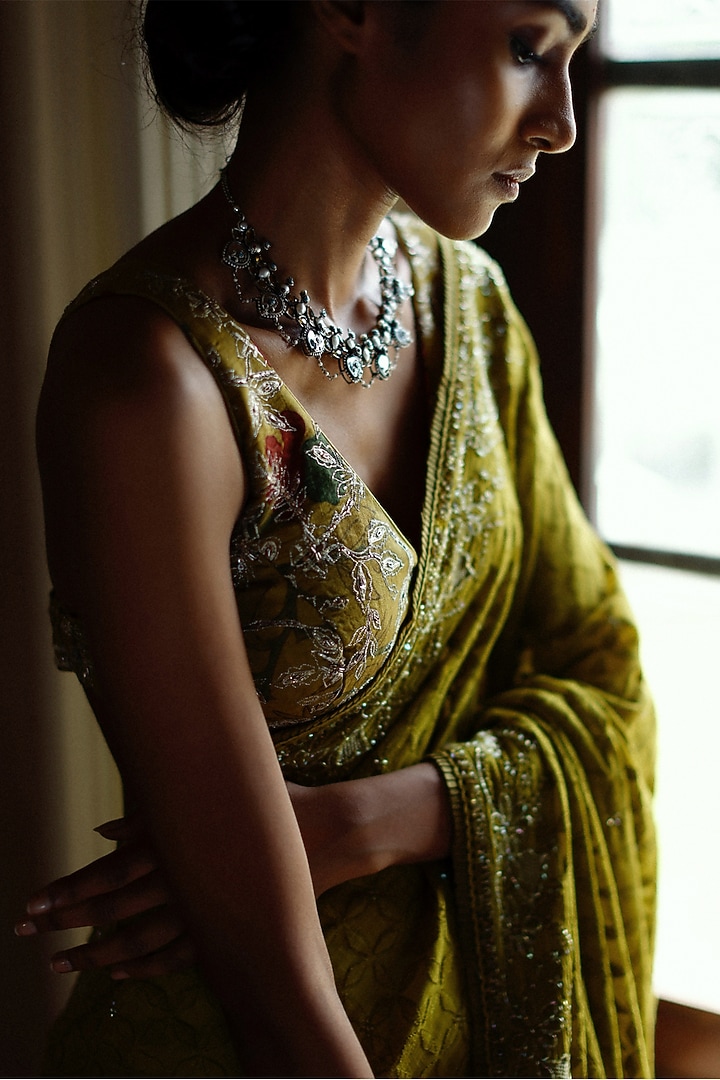 Olive Green Handwoven Khadi Lucknowi Chikankari Embroidered Reception Saree Set by Archana Jaju at Pernia's Pop Up Shop