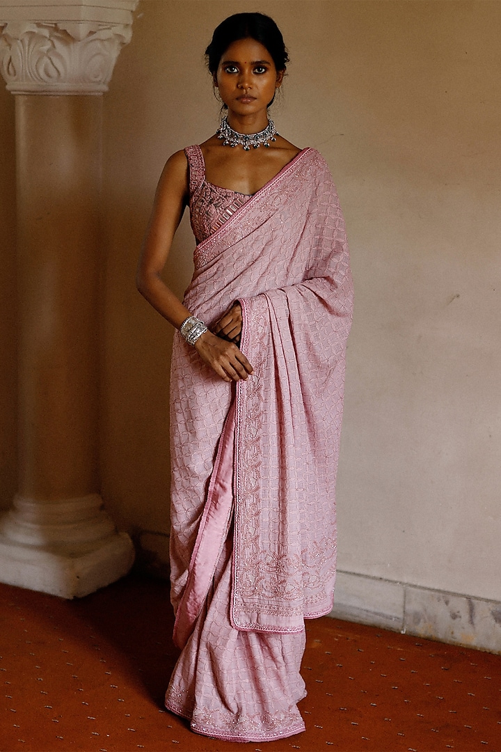 Flamingo Pink Embroidered Saree Set by Archana Jaju