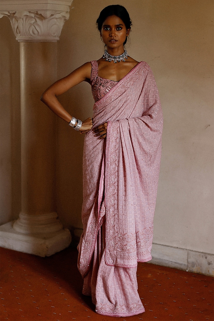 Flamingo Pink Embroidered Bridal Saree Set by Archana Jaju at Pernia's Pop Up Shop