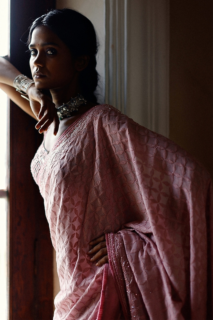 Flamingo Pink Embroidered Bridal Saree Set by Archana Jaju at Pernia's Pop Up Shop