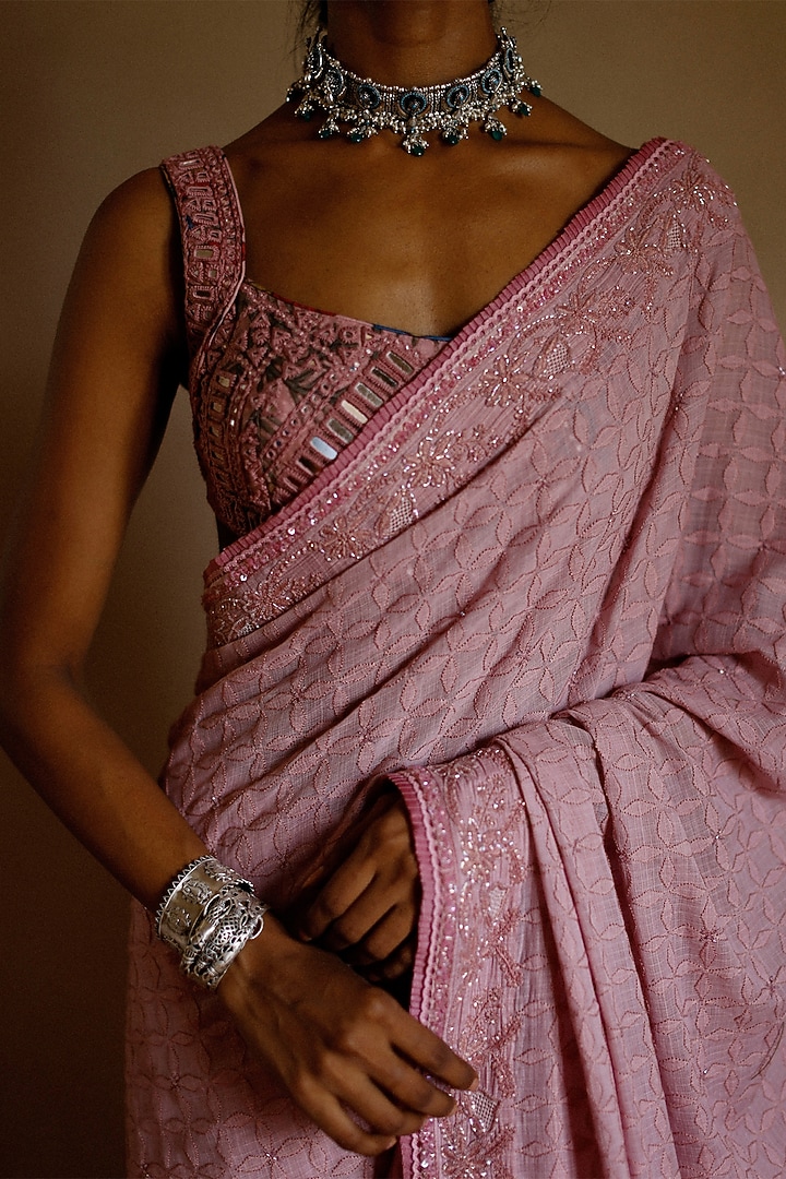 Flamingo Pink Embroidered Bridal Saree Set by Archana Jaju at Pernia's Pop Up Shop