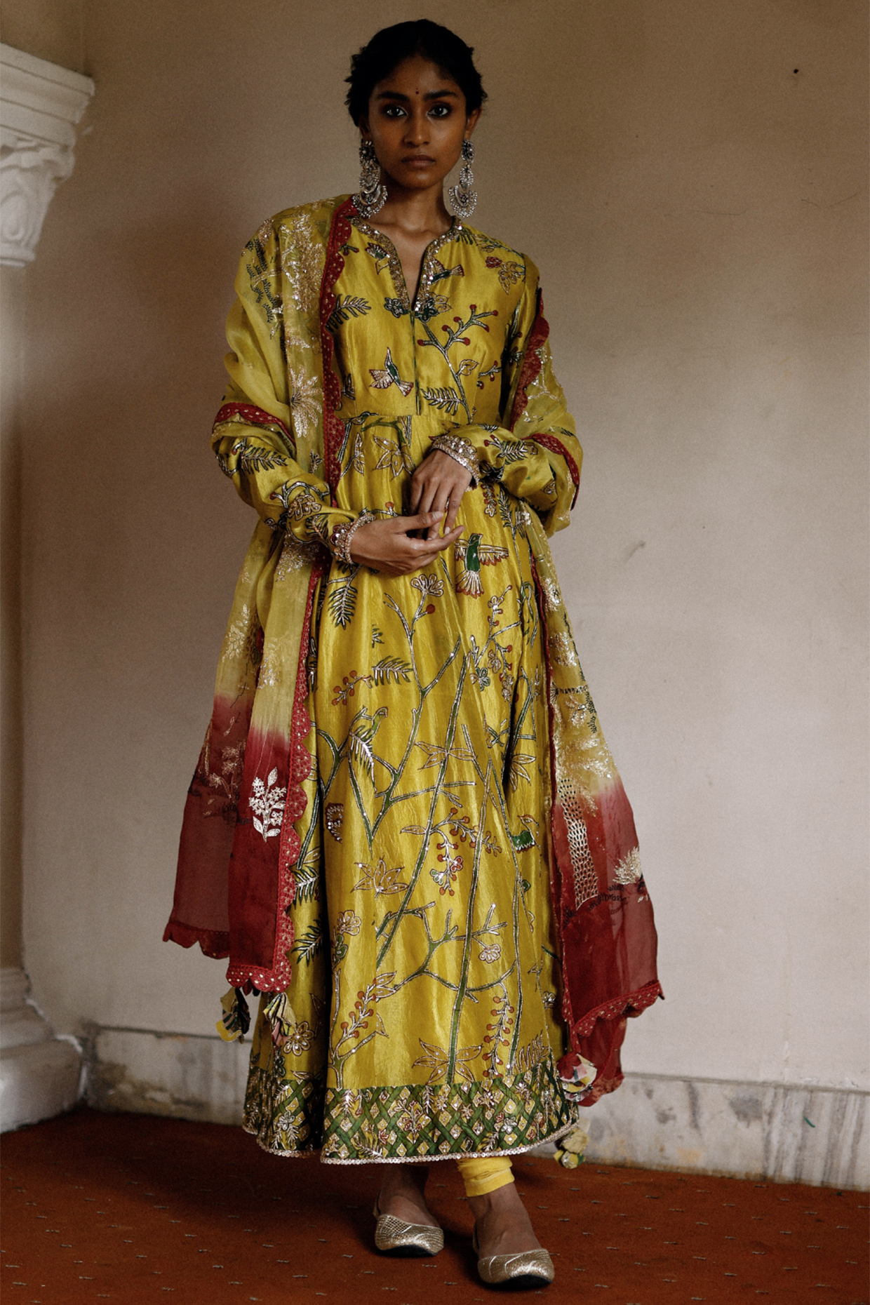 Mustard Silk Embroidered Anarkali Set by Archana Jaju