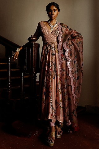 Rosewood Pink Embroidered Anarkali Set by Archana Jaju