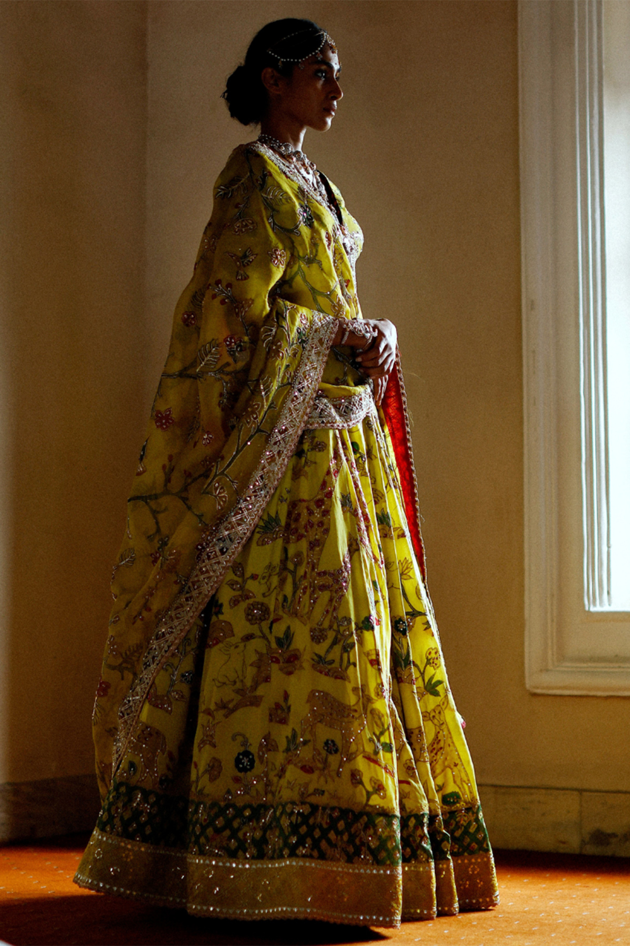 Mustard Silk Hand Painted Lehenga Set by Archana Jaju