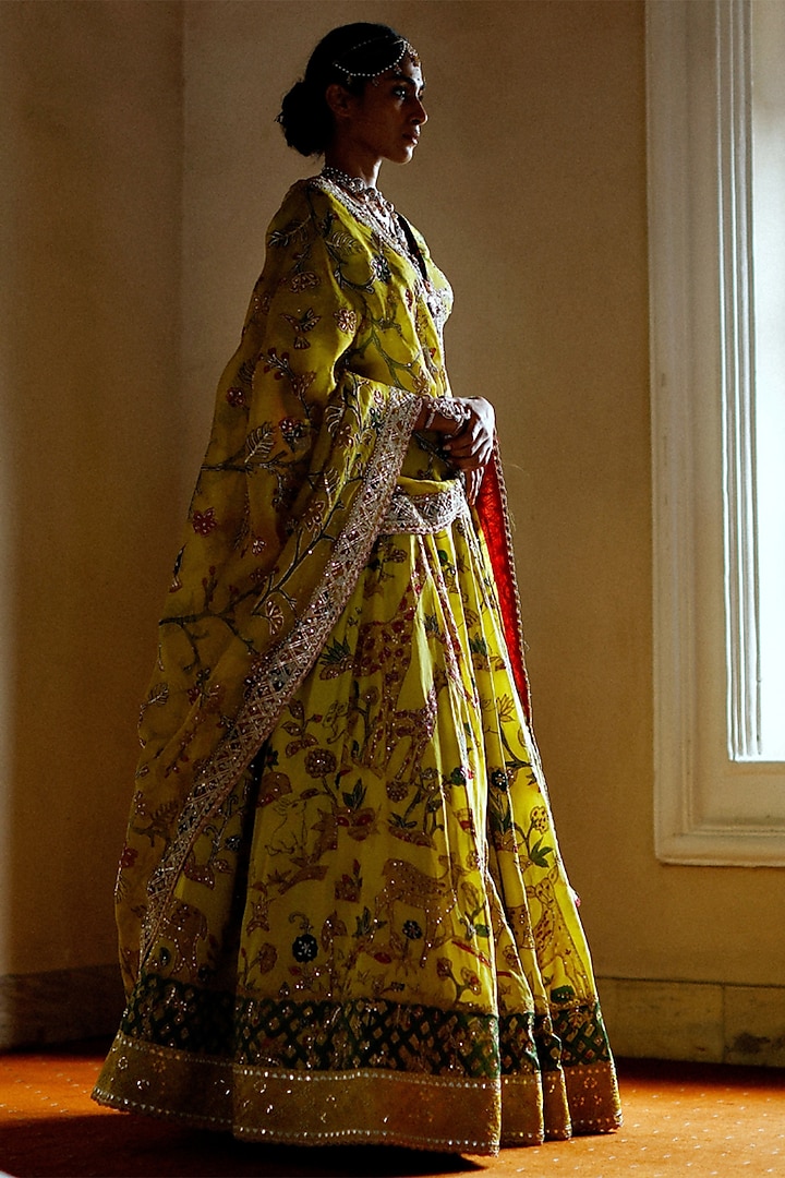 Mustard Silk Hand Painted Lehenga Set by Archana Jaju