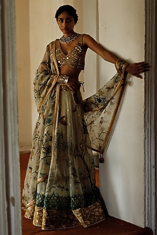 Ivory Kalamkari Hand Painted Lehenga Set by Archana Jaju