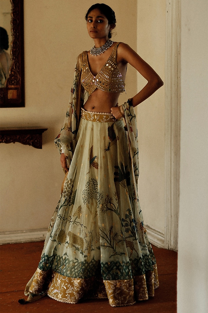 Ivory Kalamkari Hand Painted Bridal Lehenga Set by Archana Jaju at Pernia's Pop Up Shop
