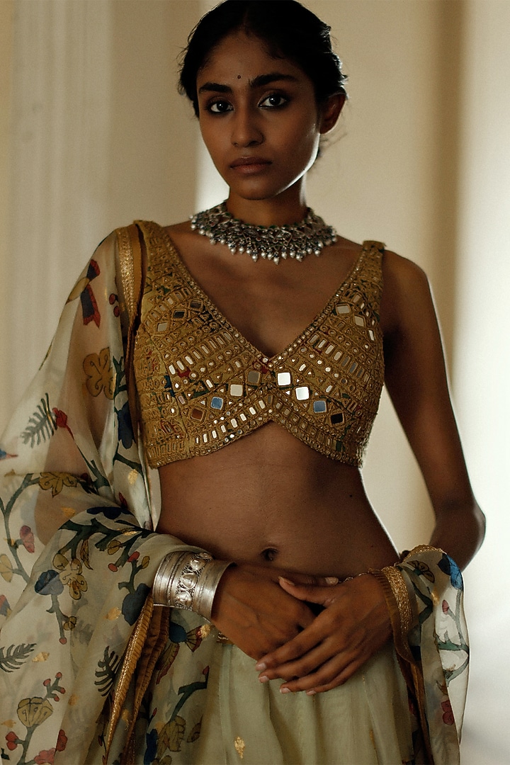 Ivory Kalamkari Hand Painted Bridal Lehenga Set by Archana Jaju at Pernia's Pop Up Shop