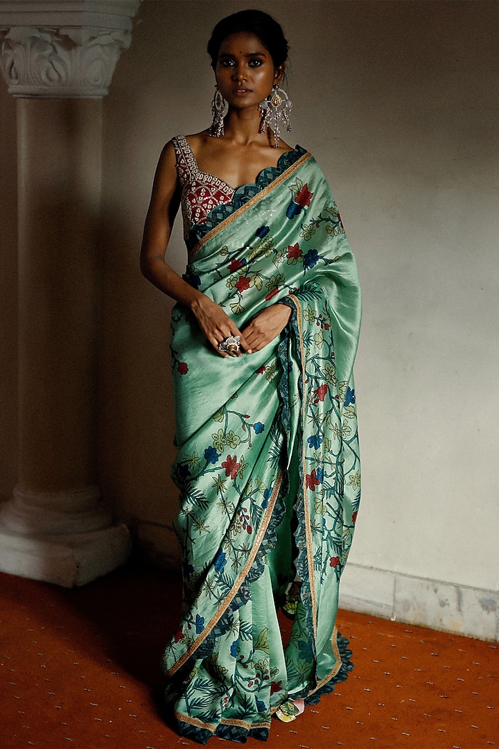 Sage Green Hand Painted Saree Set by Archana Jaju