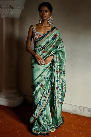 Sage Green Hand Painted Saree Set by Archana Jaju