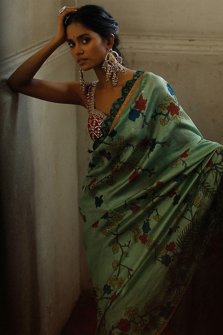 Sage Green Hand Painted Reception Saree Set by Archana Jaju at Pernia's Pop Up Shop