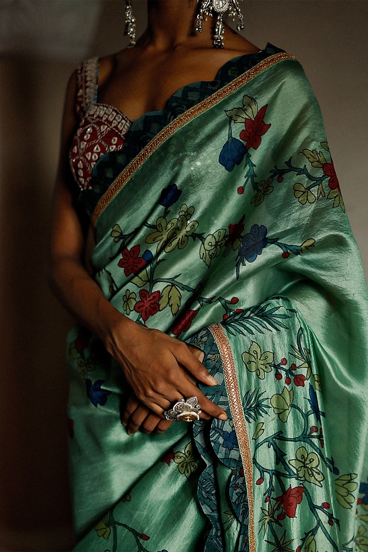 Sage Green Hand Painted Reception Saree Set by Archana Jaju at Pernia's Pop Up Shop