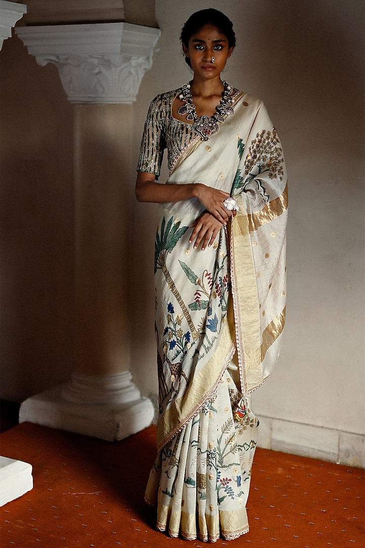 Ivory Hand Painted Saree Set by Archana Jaju