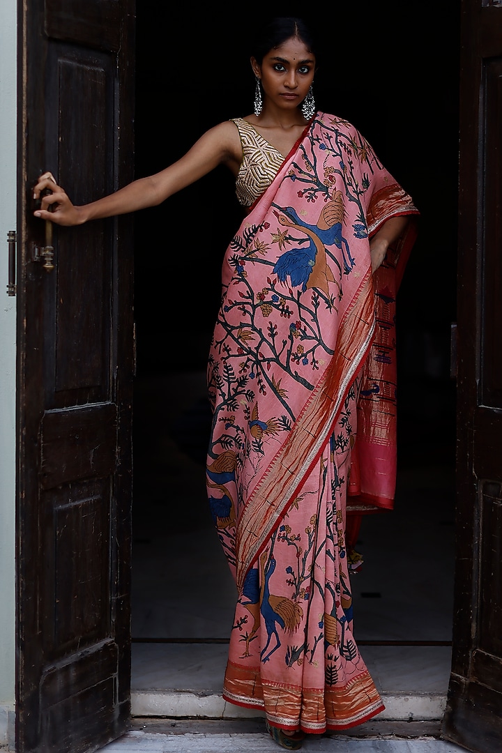 Rosewood Pink Kalamkari Hand Painted Saree by Archana Jaju