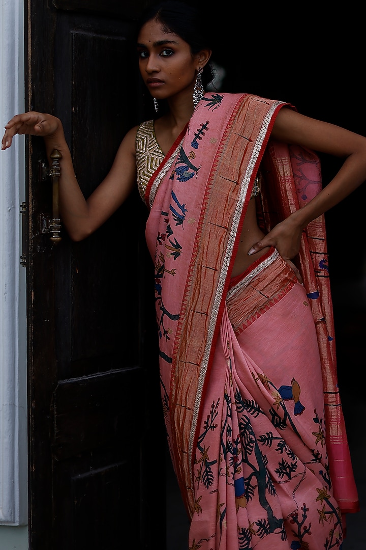 Rosewood Pink Kalamkari Hand Painted Bridal Saree by Archana Jaju at Pernia's Pop Up Shop