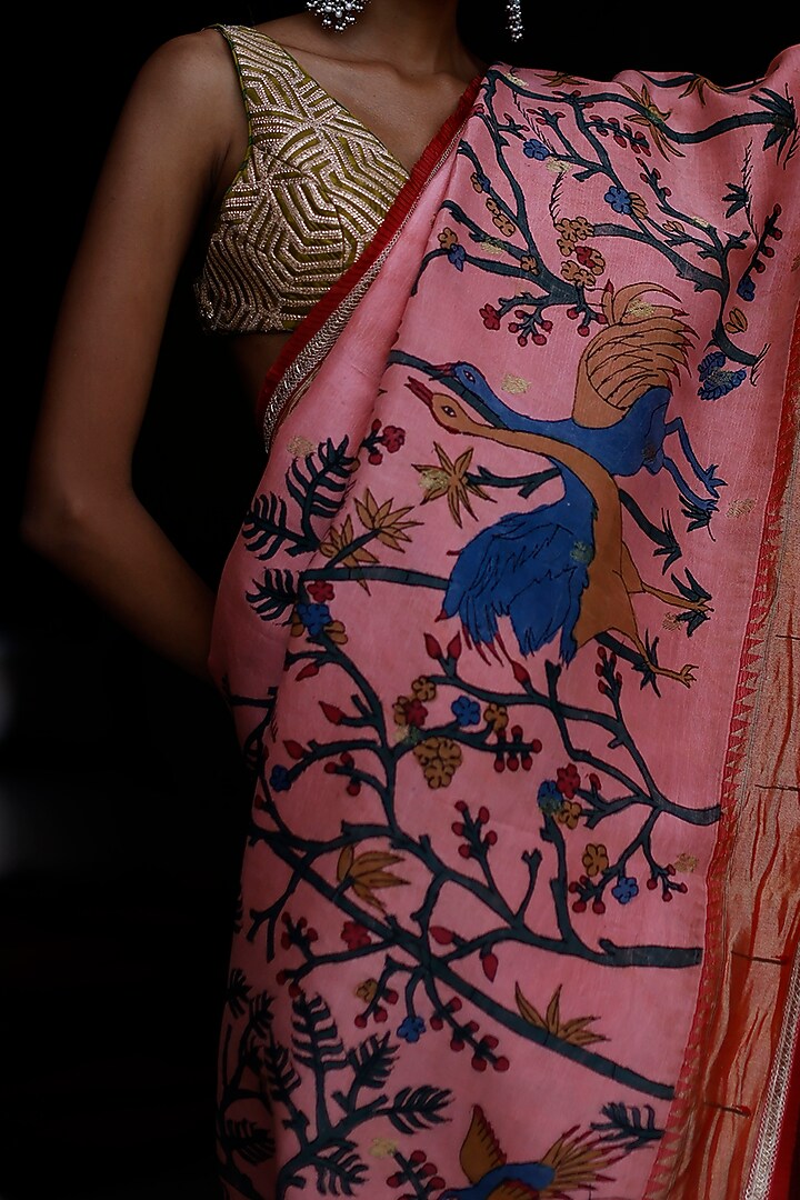 Rosewood Pink Kalamkari Hand Painted Bridal Saree by Archana Jaju at Pernia's Pop Up Shop