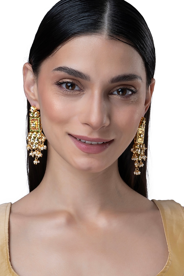 Gold Finish Motif & Kundan Polki Dangler Earrings by AAKARSHA BY AJAY at Pernia's Pop Up Shop