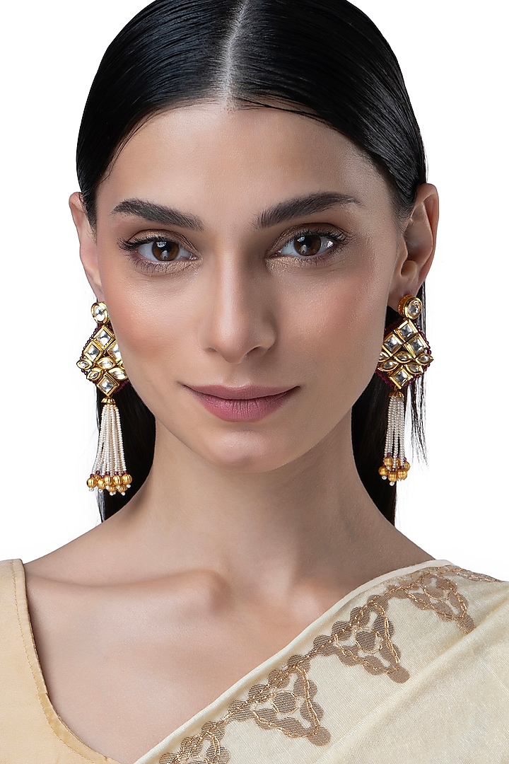 Gold Finish Pearl & Kundan Polki Dangler Earrings by AAKARSHA BY AJAY at Pernia's Pop Up Shop