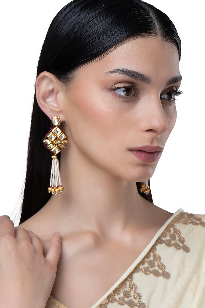 Gold Finish Pearl & Kundan Polki Dangler Earrings by AAKARSHA BY AJAY at Pernia's Pop Up Shop