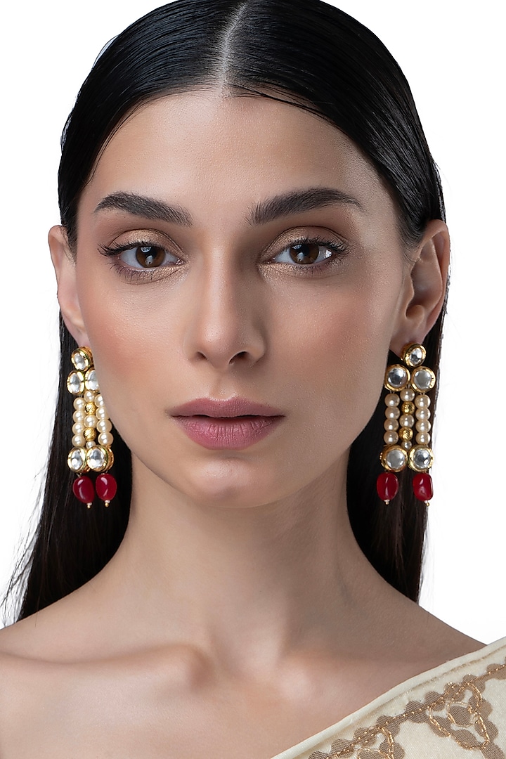 Gold Finish Red Stone & Pearl Dangler Earrings by AAKARSHA BY AJAY at Pernia's Pop Up Shop