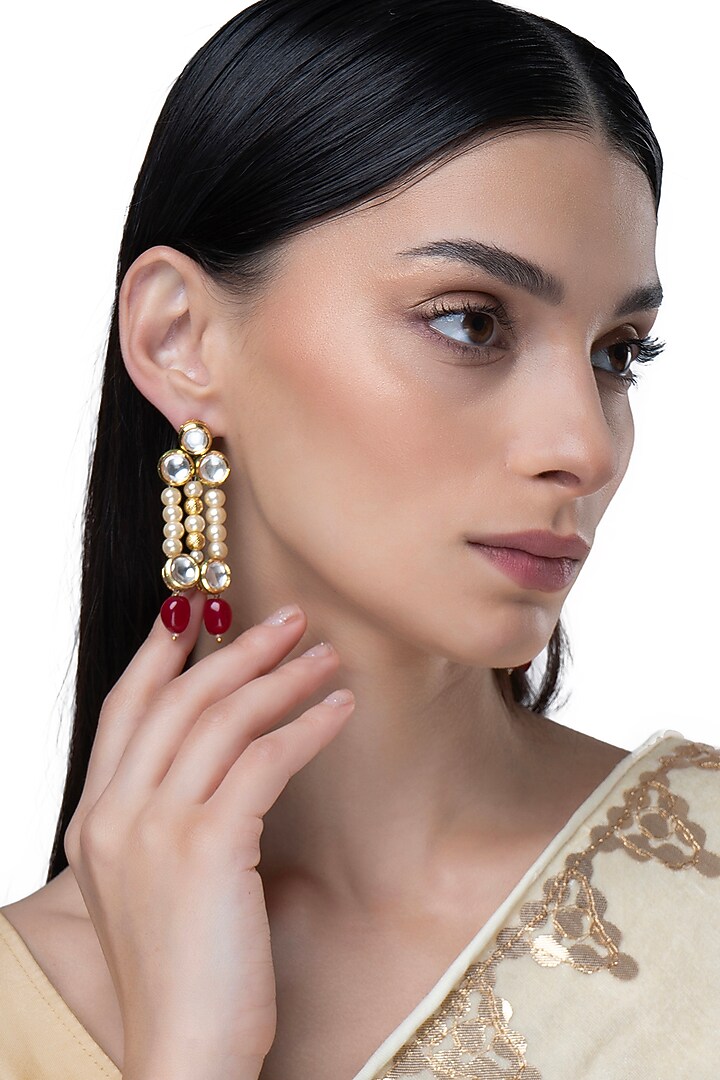 Gold Finish Red Stone & Pearl Dangler Earrings by AAKARSHA BY AJAY at Pernia's Pop Up Shop