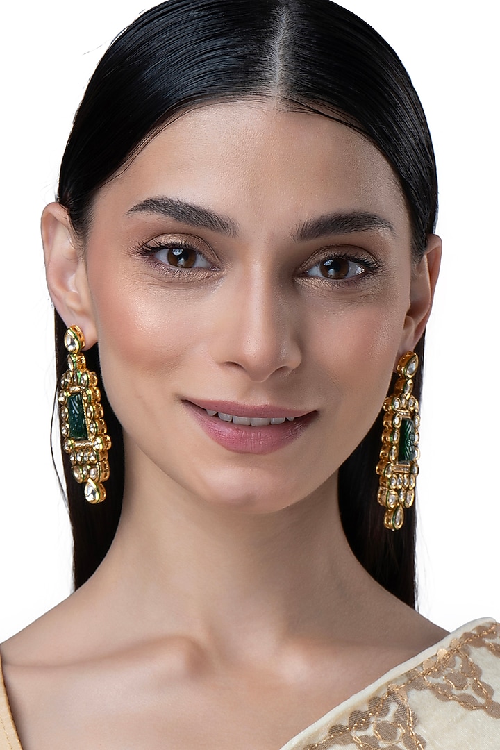 Gold Finish Green Stone & Kundan Polki Square Dangler Earrings by AAKARSHA BY AJAY at Pernia's Pop Up Shop