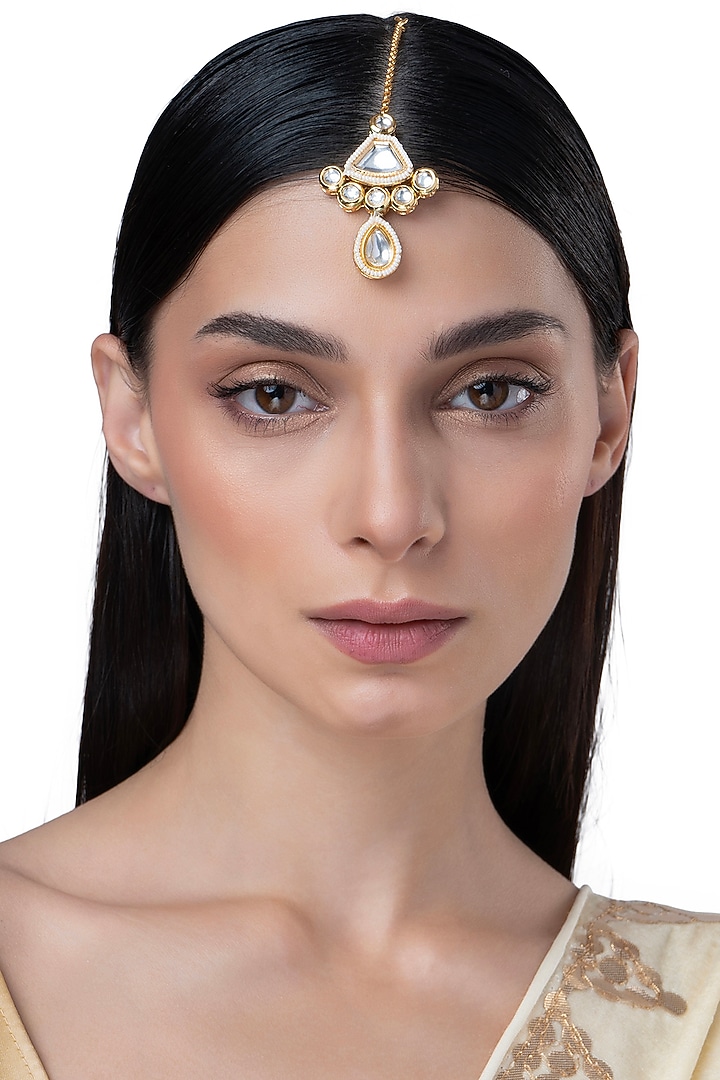 Gold Finish Kundan Polki & Motif Maangtikka by AAKARSHA BY AJAY at Pernia's Pop Up Shop