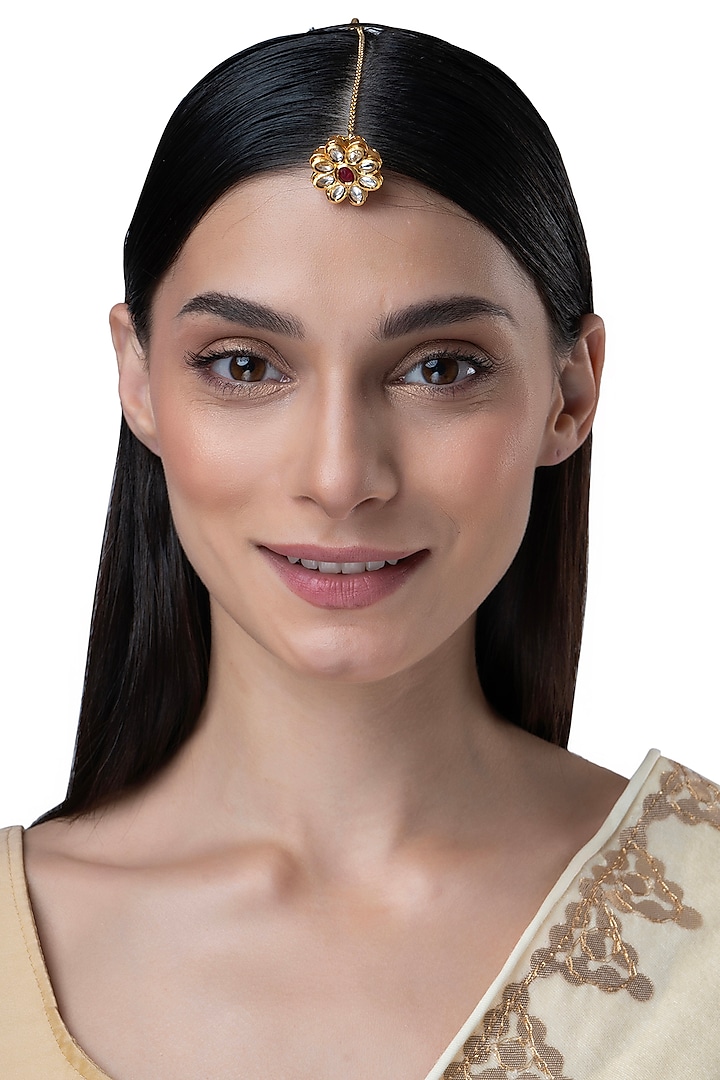 Gold Finish Kundan Polki & Red Stone Floral Borla by AAKARSHA BY AJAY at Pernia's Pop Up Shop