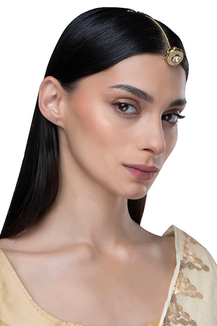 Gold Finish Kundan Polki & White Stone Round Borla by AAKARSHA BY AJAY at Pernia's Pop Up Shop