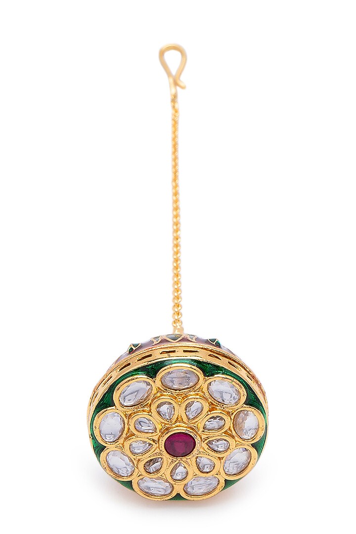 Gold Finish Kundan Polki & Meenakari Floral Round Borla by AAKARSHA BY AJAY at Pernia's Pop Up Shop