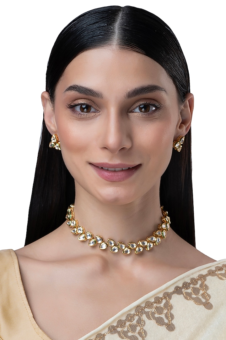 Gold Finish Kundan Polki & Multi-Colored Stone Necklace Set by AAKARSHA BY AJAY at Pernia's Pop Up Shop