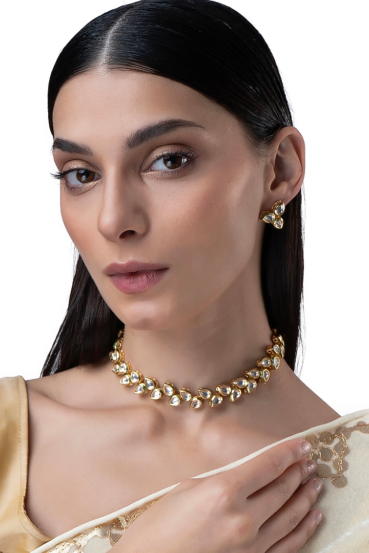 Gold Finish Kundan Polki & Multi-Colored Stone Necklace Set by AAKARSHA BY AJAY at Pernia's Pop Up Shop