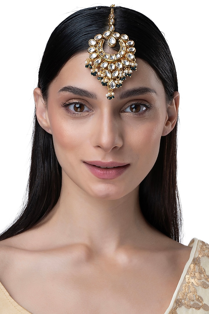 Gold Finish Kundan Polki & Pearl Maangtikka by AAKARSHA BY AJAY at Pernia's Pop Up Shop