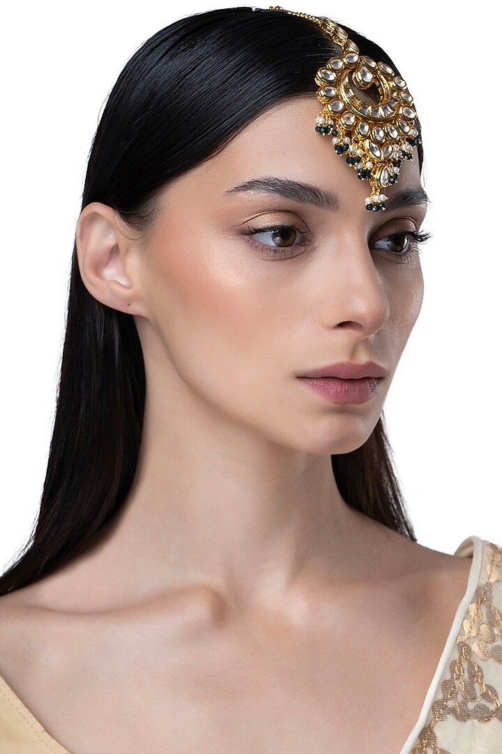 Gold Finish Kundan Polki & Pearl Maangtikka by AAKARSHA BY AJAY at Pernia's Pop Up Shop