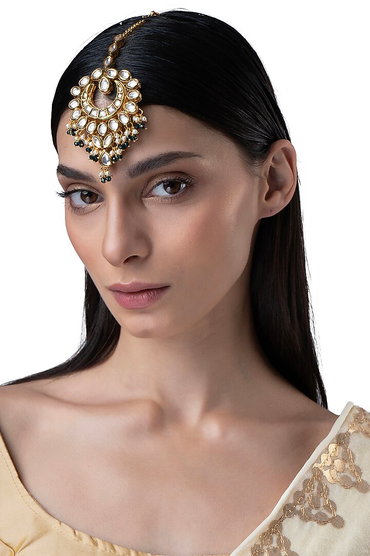 Gold Finish Kundan Polki & Pearl Maangtikka by AAKARSHA BY AJAY at Pernia's Pop Up Shop