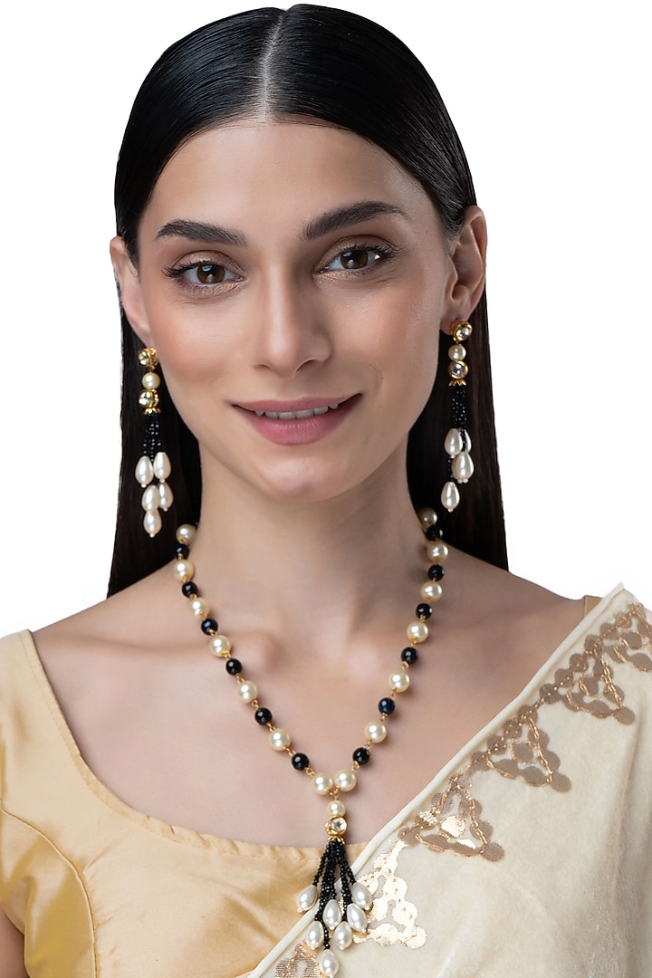 Gold Finish Kundan Polki & Pearl Necklace Set by AAKARSHA BY AJAY at Pernia's Pop Up Shop