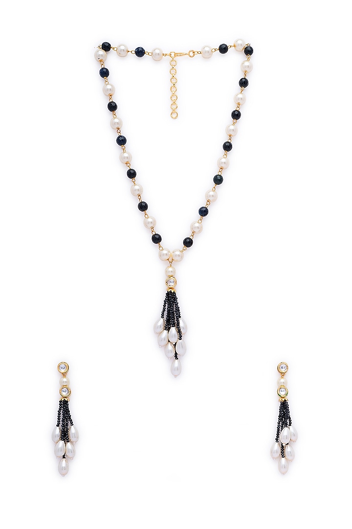 Gold Finish Kundan Polki & Pearl Necklace Set by AAKARSHA BY AJAY at Pernia's Pop Up Shop