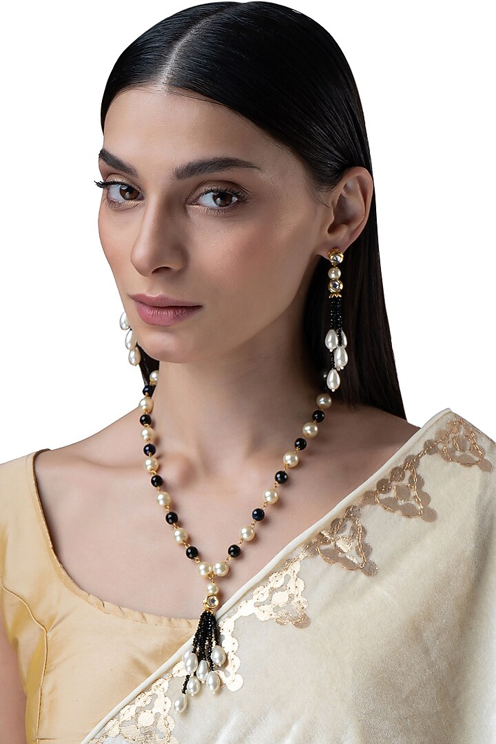 Gold Finish Kundan Polki & Pearl Necklace Set by AAKARSHA BY AJAY at Pernia's Pop Up Shop