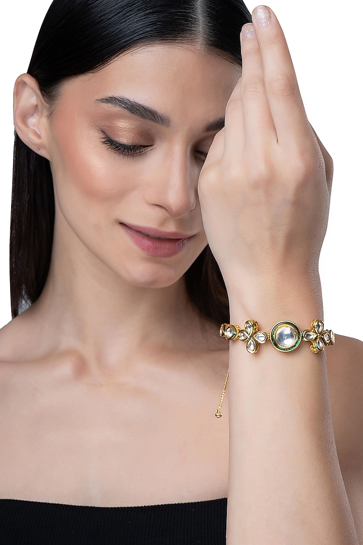 Gold Finish Kundan Polki Floral Bracelet by AAKARSHA BY AJAY at Pernia's Pop Up Shop