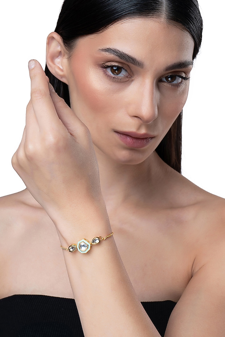 Gold Finish Kundan Polki & Ocean Blue Stone Bracelet by AAKARSHA BY AJAY at Pernia's Pop Up Shop