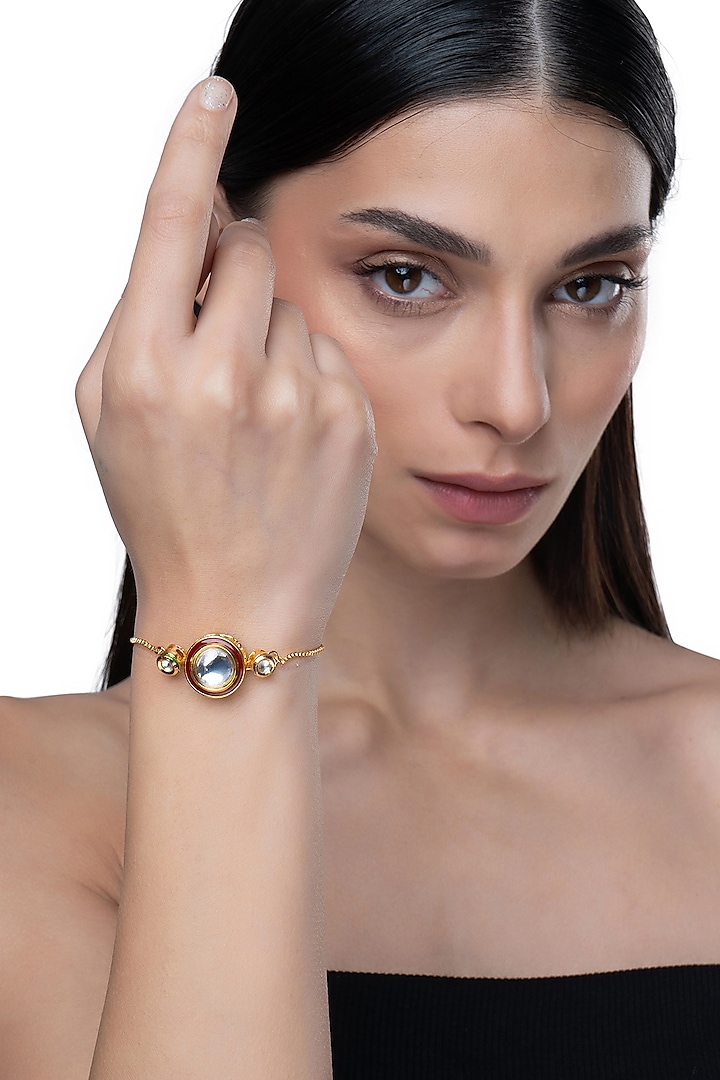Gold Finish Kundan Polki & Red Stone Bracelet by AAKARSHA BY AJAY at Pernia's Pop Up Shop
