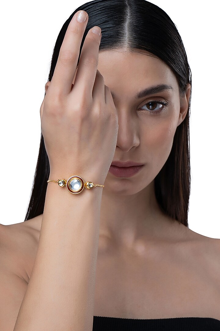 Gold Finish Kundan Polki & Red Stone Bracelet by AAKARSHA BY AJAY at Pernia's Pop Up Shop
